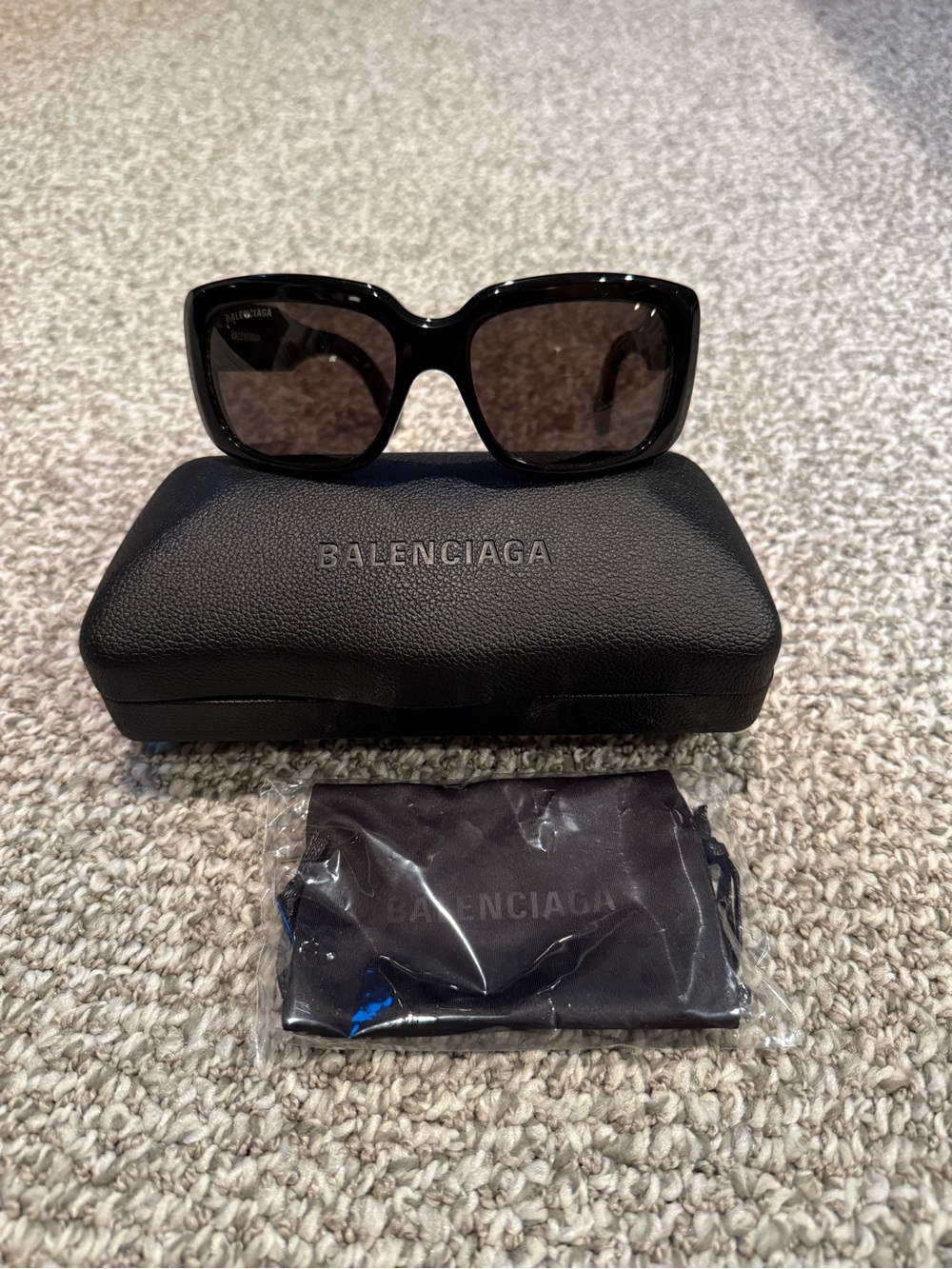 Black Balenciaga Rectangular Sunglasses BB0072S With Case
